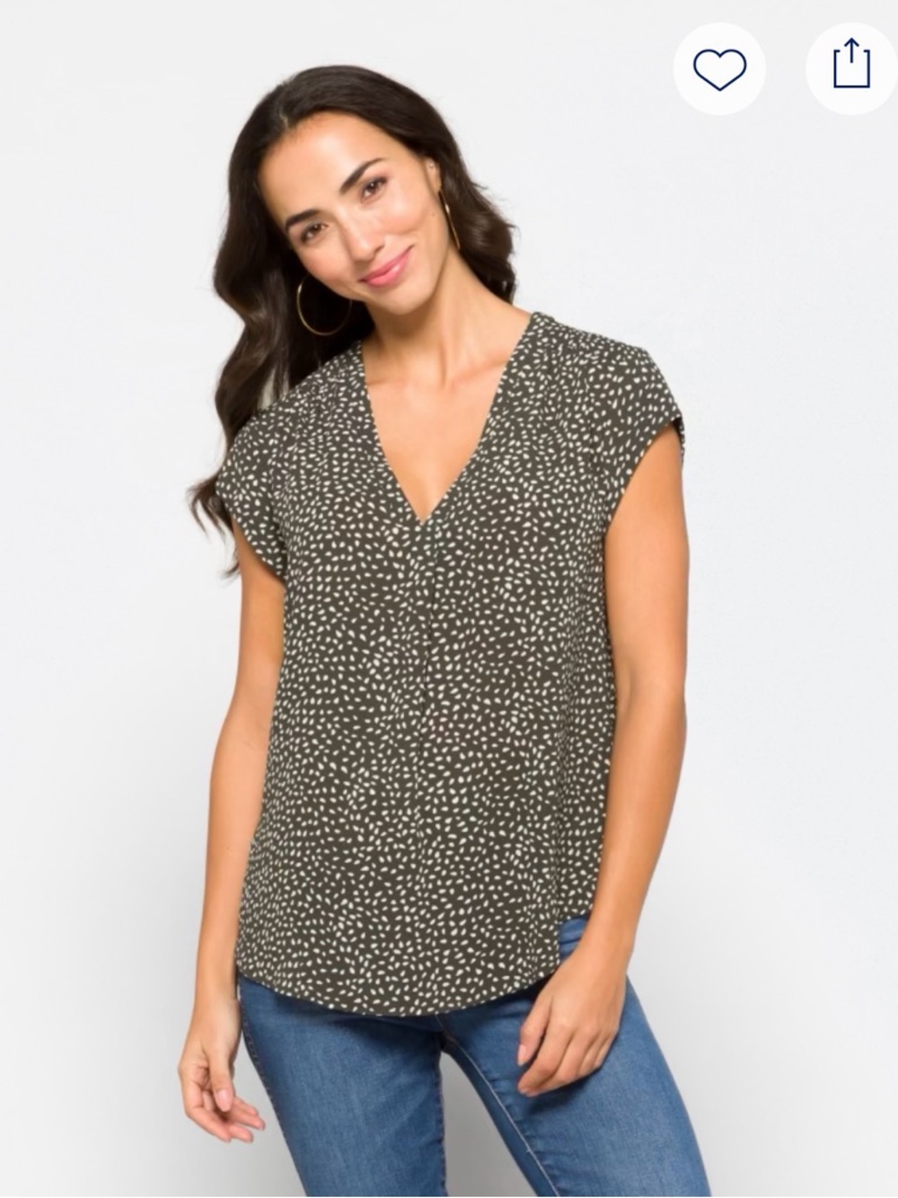 Olive and White Patterned V-Neck Blouse